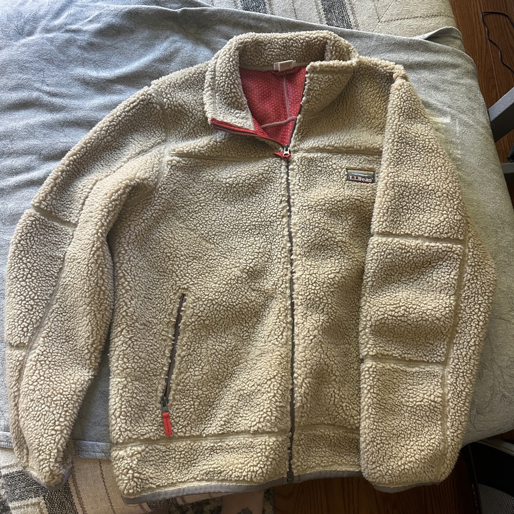L.L. BEAN Beige Sherpa Fleece Jacket with Coral Trim